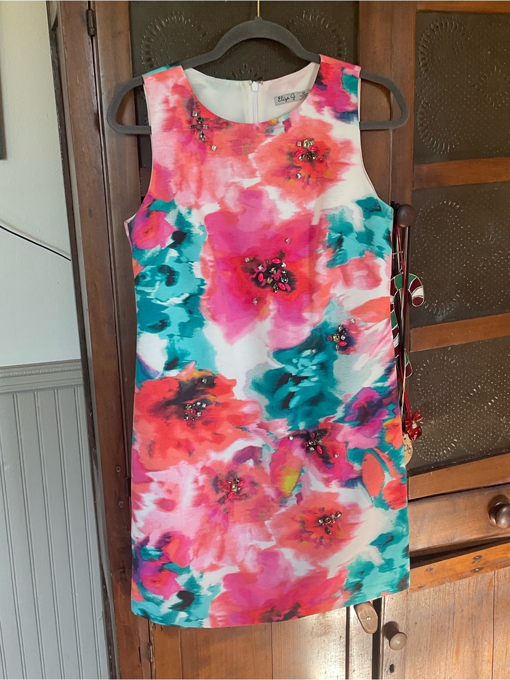 Eliza J Watercolor Rhinestone Beads Shift Dress 8 Petite
